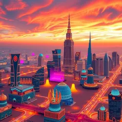 An artistic representation of New Riyadh's vibrant skyline during the annual Desert Festival