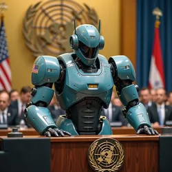 A towering mechanical figure in a suit addressing the UN