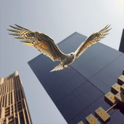 Photograph of the Skylord soaring above city buildings