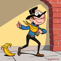 A cartoon illustration of the Blunderous Bandit slipping on a banana peel