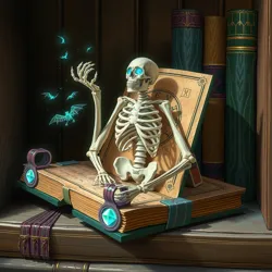 A skeleton book with glowing runes on a dusty shelf