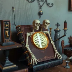 A skeleton book with glowing runes on a dusty shelf