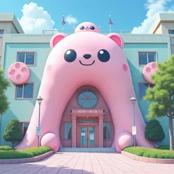 The iconic pastel-hued entrance to the Department of Synthetic Adorability at Tokyo Technical University, featuring its signature morphing kawaii architecture