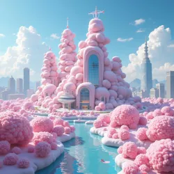 The iconic Fluffodrome headquarters in Tokyo, its cotton-candy architecture radiating synthetic cuteness across the skyline