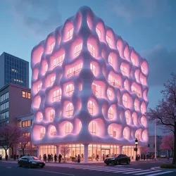 The iconic Fluffodrome headquarters in Tokyo, its bio-luminescent facade programmed to emit optimized kawaii wavelengths