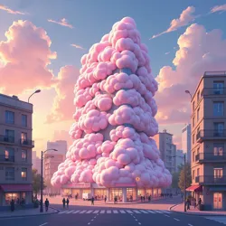 The iconic Fluffodrome headquarters in Tokyo's Shibuya district, known for its distinctive cotton-candy cloud architecture and continuous kawaii soundscape