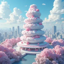 The controversial Fluffodrome headquarters dominates Tokyo's skyline with its distinctive cotton-candy aesthetic