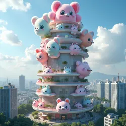 The controversial XE-cute Fluffodrome headquarters rises above Tokyo's Shibuya district, its bio-organic architecture constantly shifting between various kawaii forms