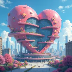 The GASC's iconic heart-shaped headquarters in Neo-Tokyo featuring adaptive kawaii architecture