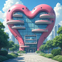 The distinctive heart-shaped research campus of KARG in Neo-Tokyo