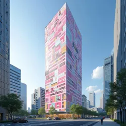 The iconic Kawaii Capital Group headquarters in Shibuya features an adaptive facade that responds to market sentiment with varying levels of cuteness