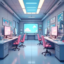 The interior of a HyperMoe Systems research facility, where AI systems continuously refine and enhance cuteness parameters