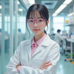 Professor Mochi Nekoyama in her signature pastel research attire at the Department of Synthetic Adorability's main laboratory