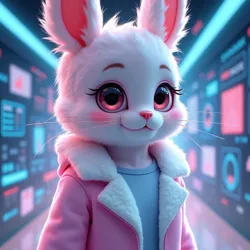 Dr. Sparklefluff in her signature pastel laboratory coat, surrounded by holographic cuteness visualization arrays