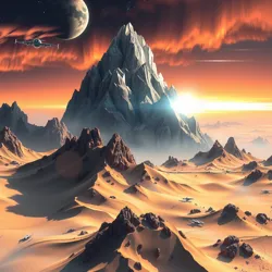 An artist's depiction of the rugged terrain and atmospheric phenomena on Planet Talos IV.