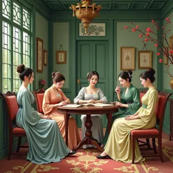 A period illustration depicting a literary salon where Green Pavilion Romances were often read and discussed, circa 1850