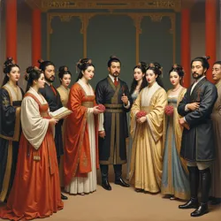 A formal portrait depicting an Integration Ceremony between a Chinese noblewoman and European merchant in 1844, painted by court artist Zhang Yinghua